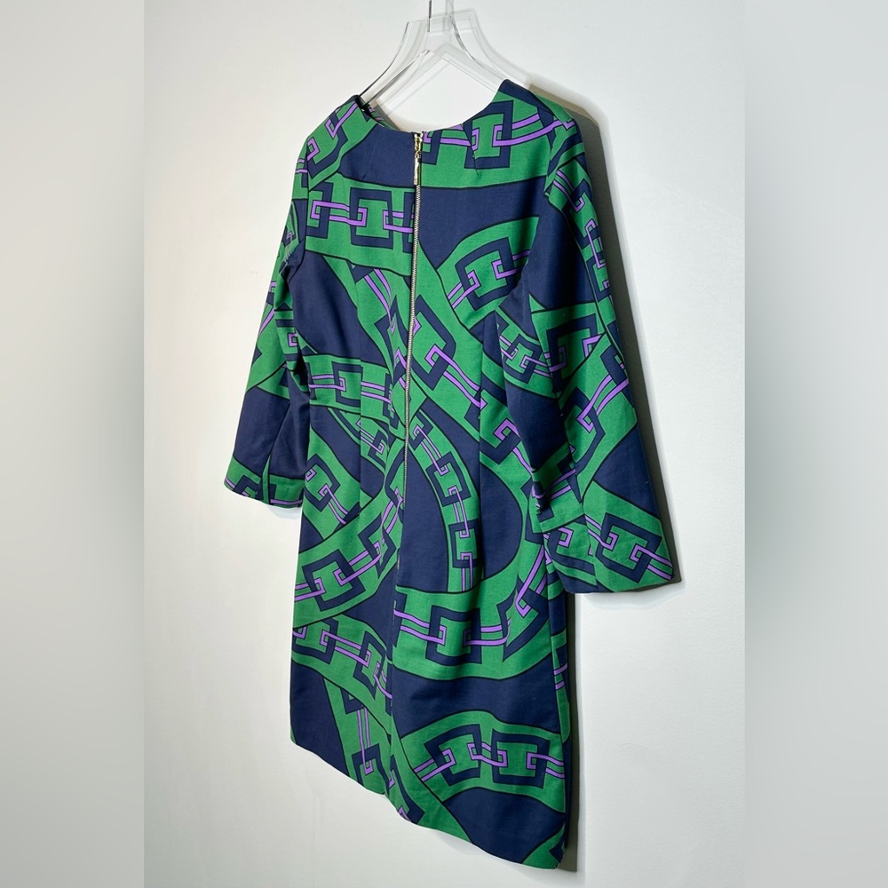Elizabeth McKay London Chain Green Navy Blue Purple Cotton Blend Shift Dress - Picture 6 of 11